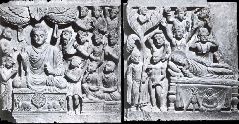  Relief from Gandhara with the-first preaching in first preaching in the deer camp-and the death of Buddha, Kushana.